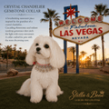 White Maltese wearing Crystal Chandelier rhinestone gemstone collar in front of Welcome to Las Vegas sign luxury dog collar