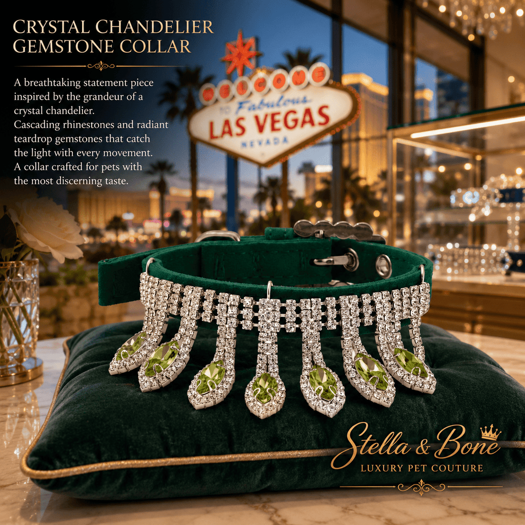 Crystal Chandelier green velvet pet collar with rhinestone chains and peridot teardrop gemstones on velvet pillow Las Vegas