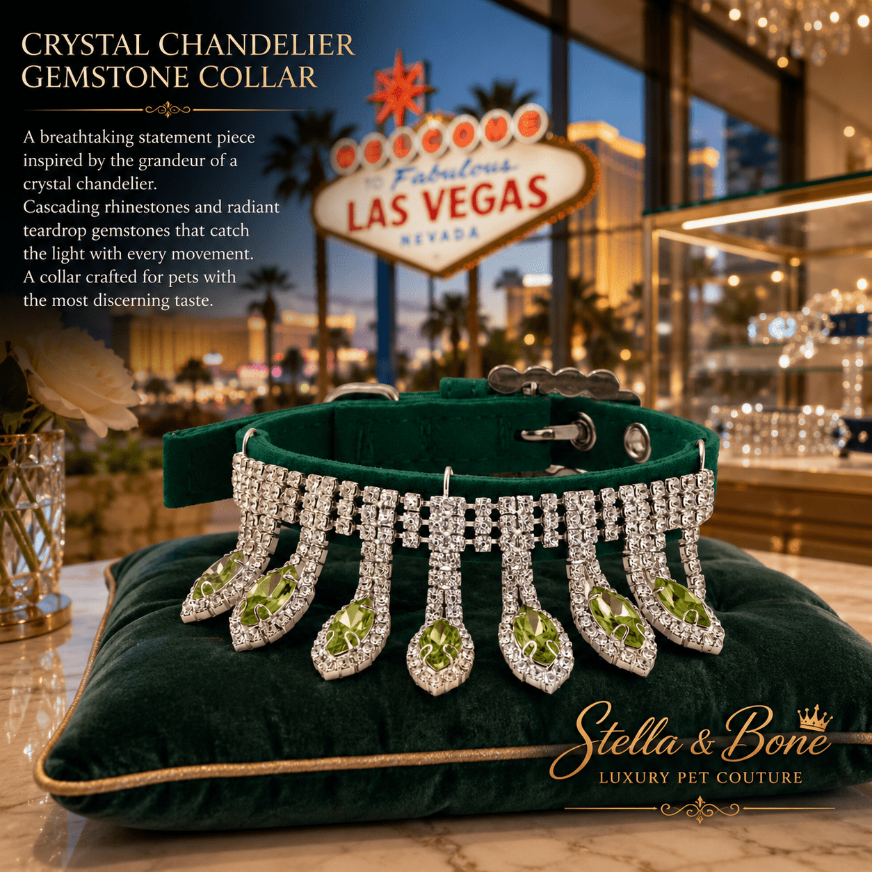 Crystal Chandelier green velvet pet collar with rhinestone chains and peridot teardrop gemstones on velvet pillow Las Vegas