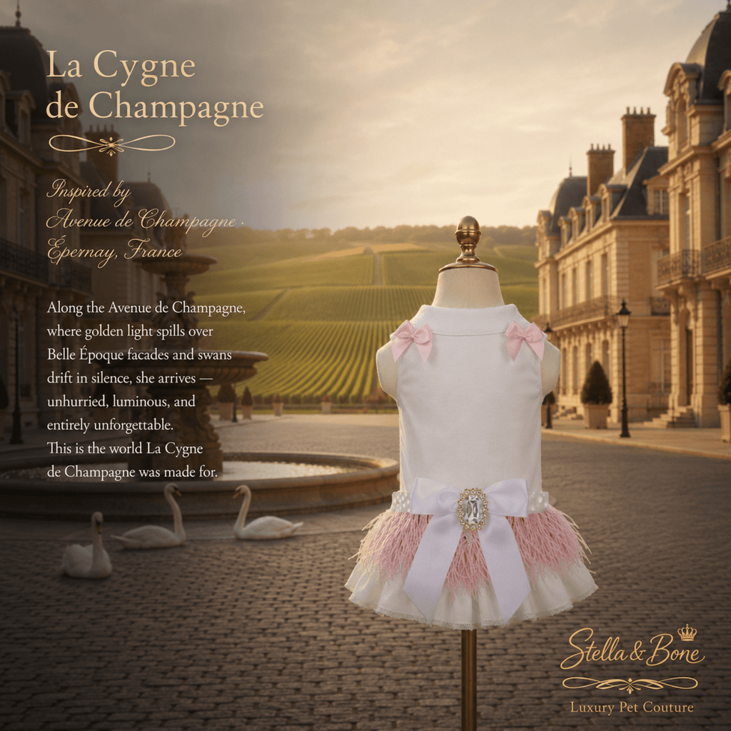La Cygne de Champagne, a Blush Feather & Crystal Couture Dog Dress on a mannequin in Epernay. Great for birthday