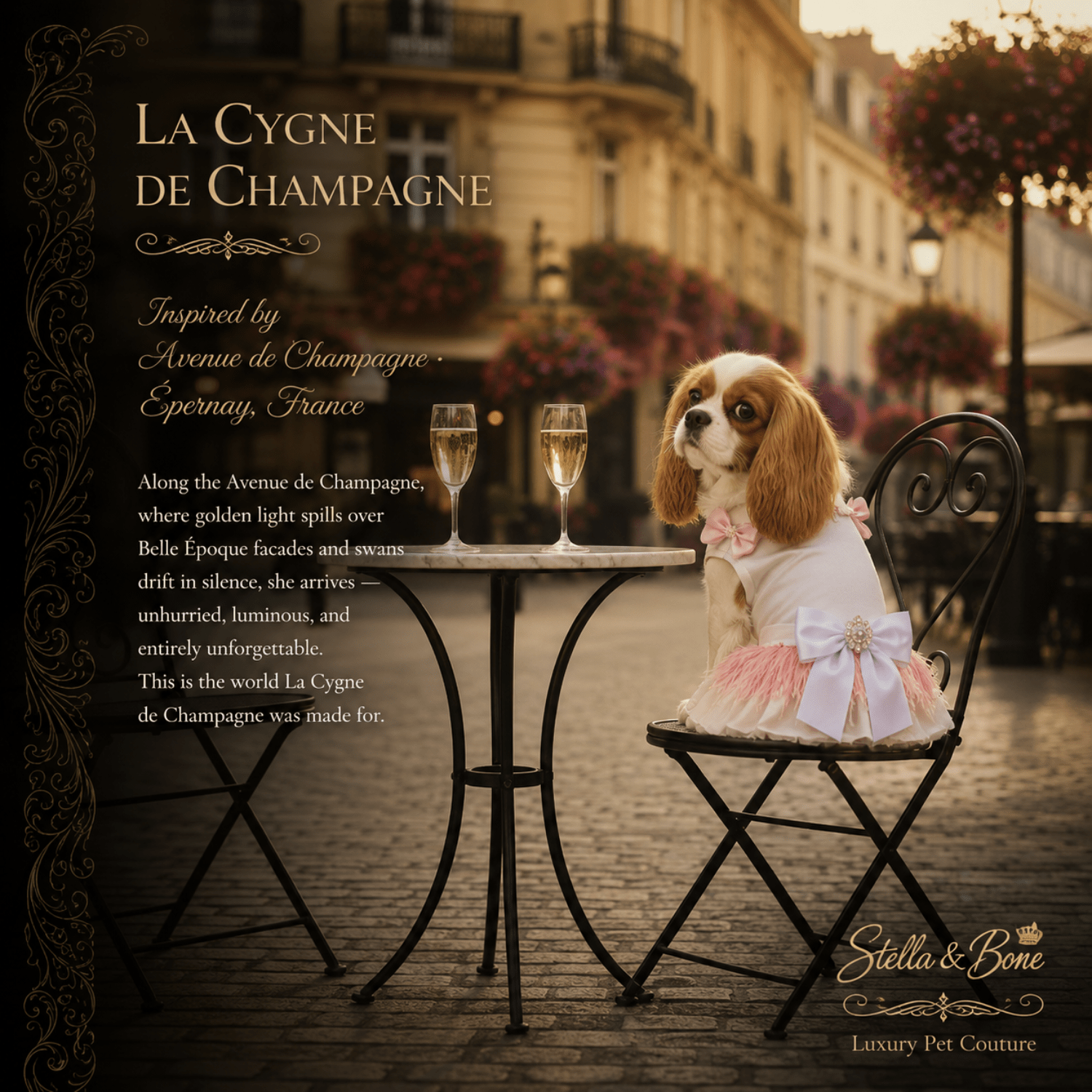 A small dog wearing La Cygne de Champagne, Blush Feather & Crystal Couture Dog Dress. Perfect for everyday or birthday