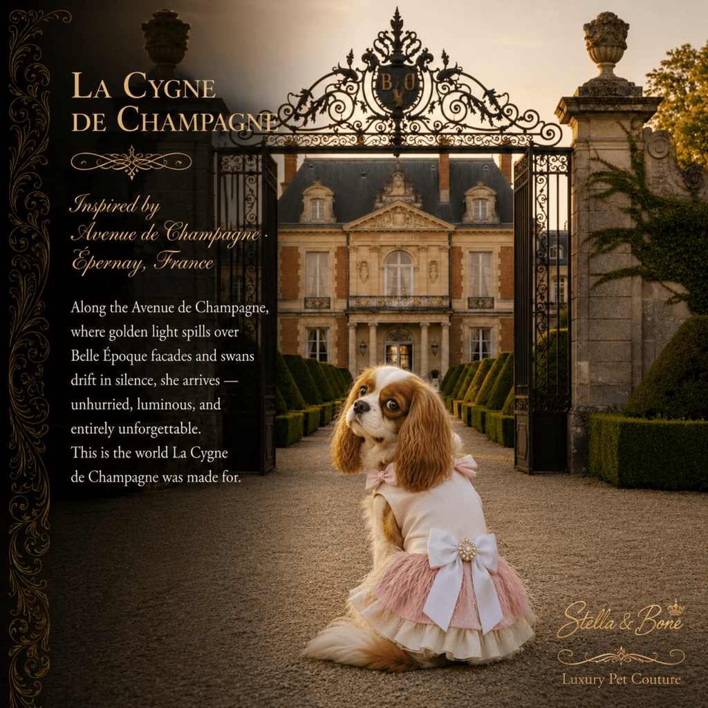Small dog in front of a gate in Epernay wearing La Cygne de Champagne curated by Stella and Bone