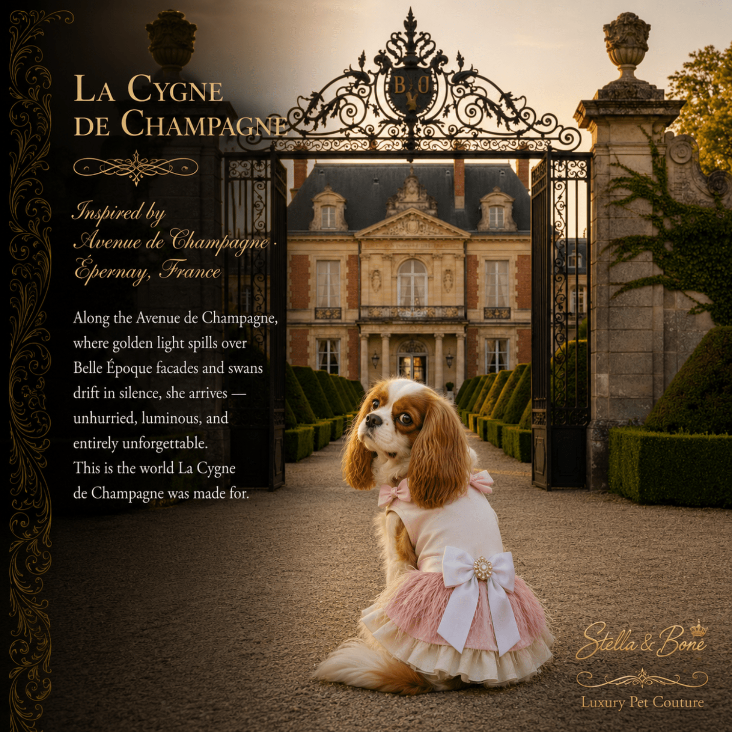 Small dog in front of a gate in Epernay wearing La Cygne de Champagne curated by Stella and Bone