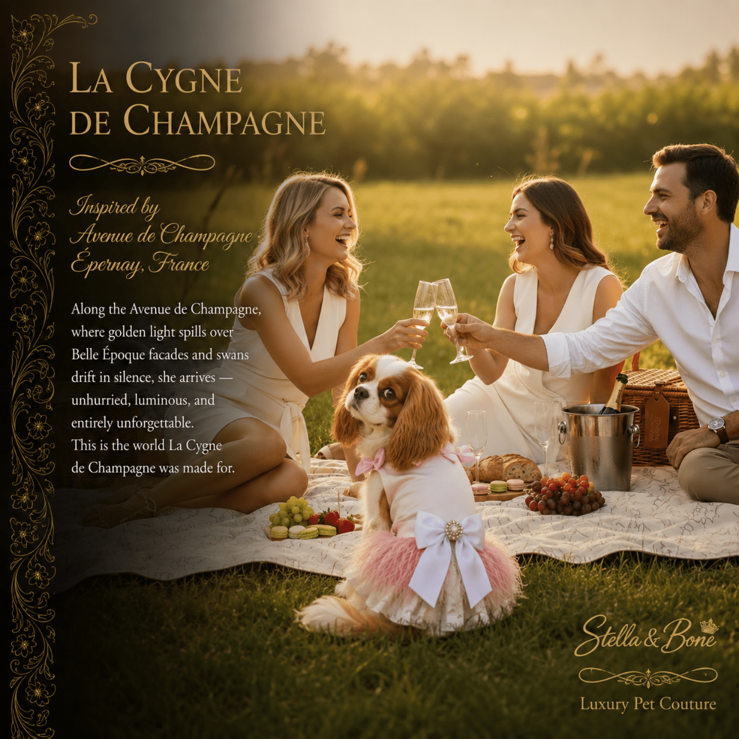 Family gathering with a small dog wearing La Cygne de Champagne in Epernay. Curated by Stella and Bone