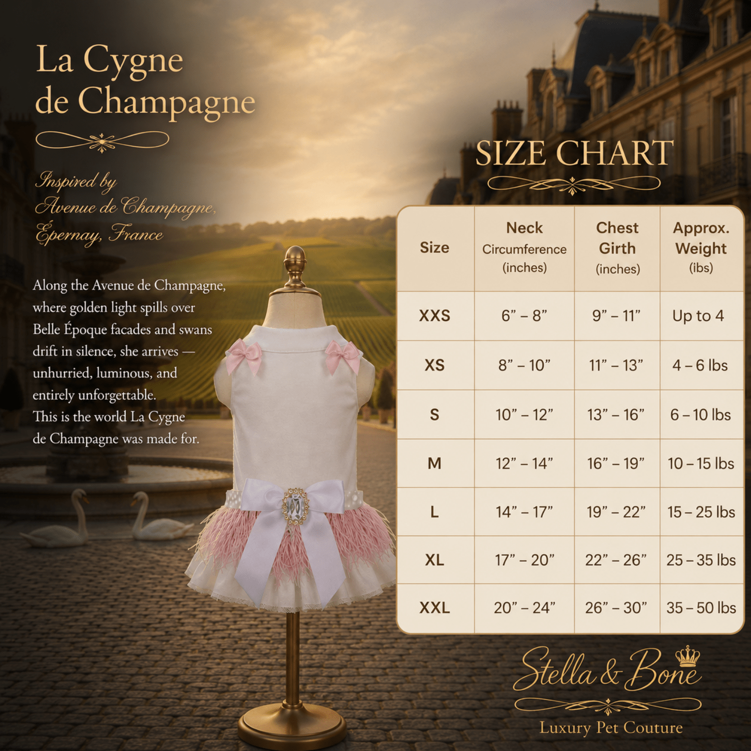 Size chart of La Cygne de Champagne, Blush Feather & Crystal Couture Dog Dress curated by Stella and Bone
