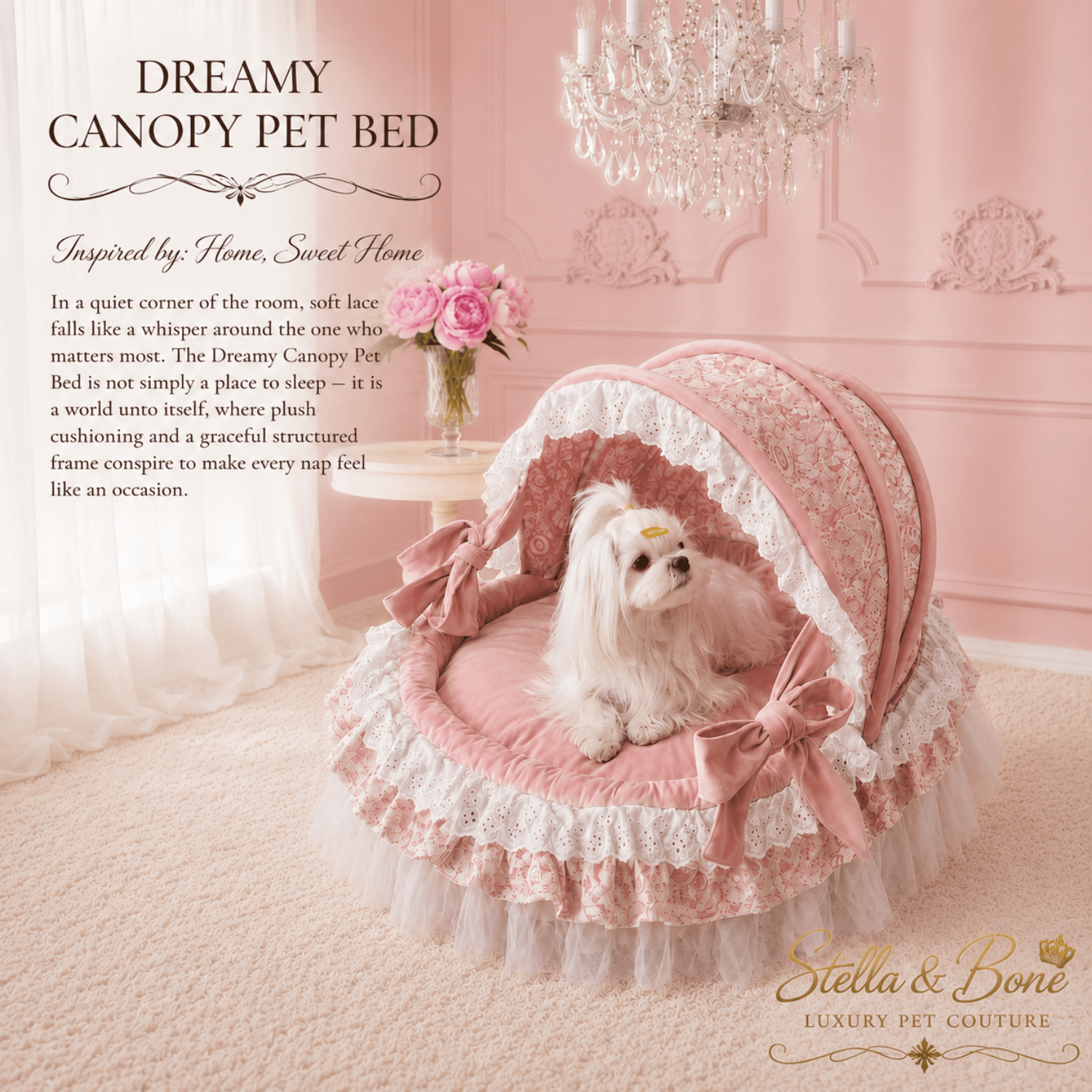 Pink canopy dog bed with white eyelet lace trim and satin bows — Maltese in luxury plush pet nest by Stella & Bone
