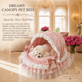 Dreamy Canopy Pet Bed with pink lace ruffle and velvet bows — small white dog napping inside luxury dog bed