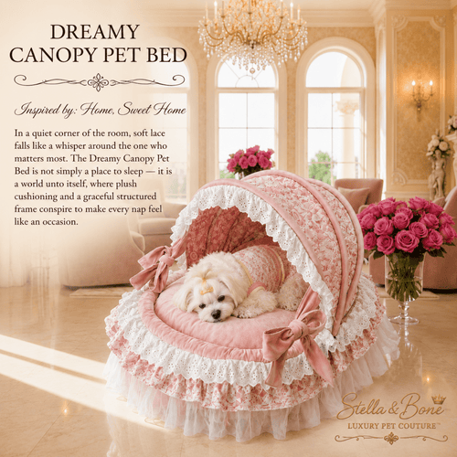 Dreamy Canopy Pet Bed with pink lace ruffle and velvet bows — small white dog napping inside luxury dog bed