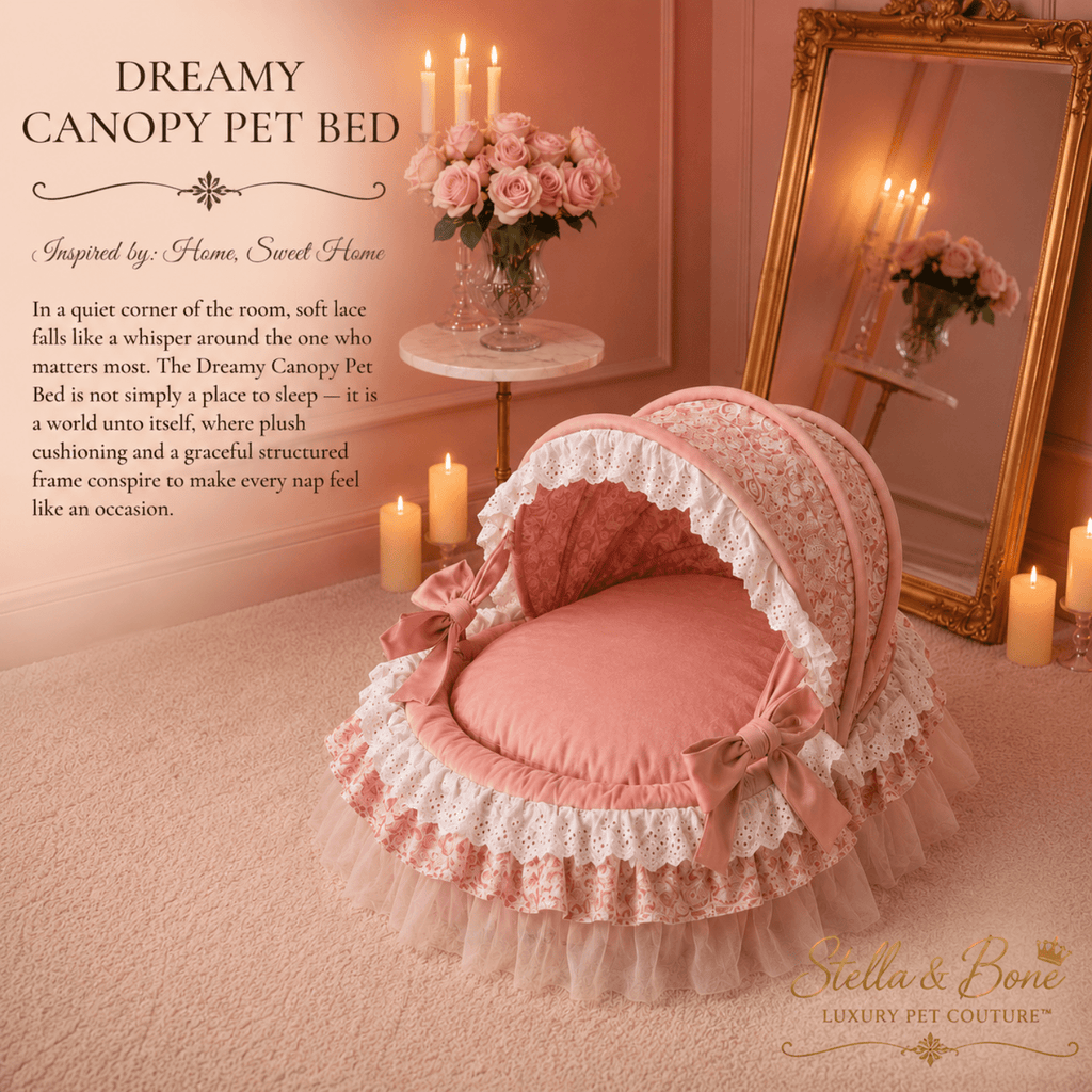 Dreamy Canopy Pet Bed Plush Lace Nest for Dogs and Cats — pink velvet canopy bed with lace ruffle