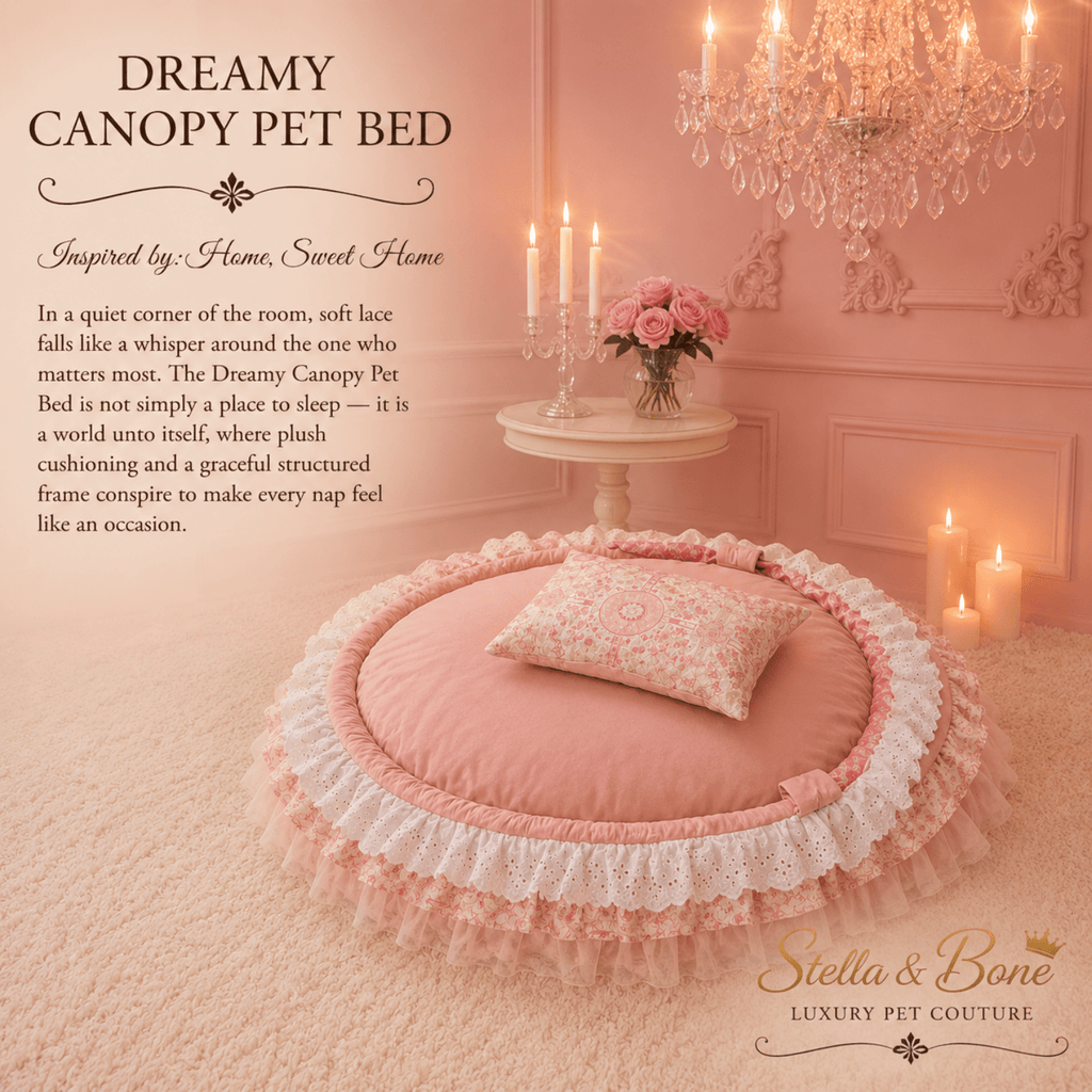 Dreamy Canopy Pet Bed Plush Lace Nest for Dogs and Cats — blush round mat with lace trim and pillow
