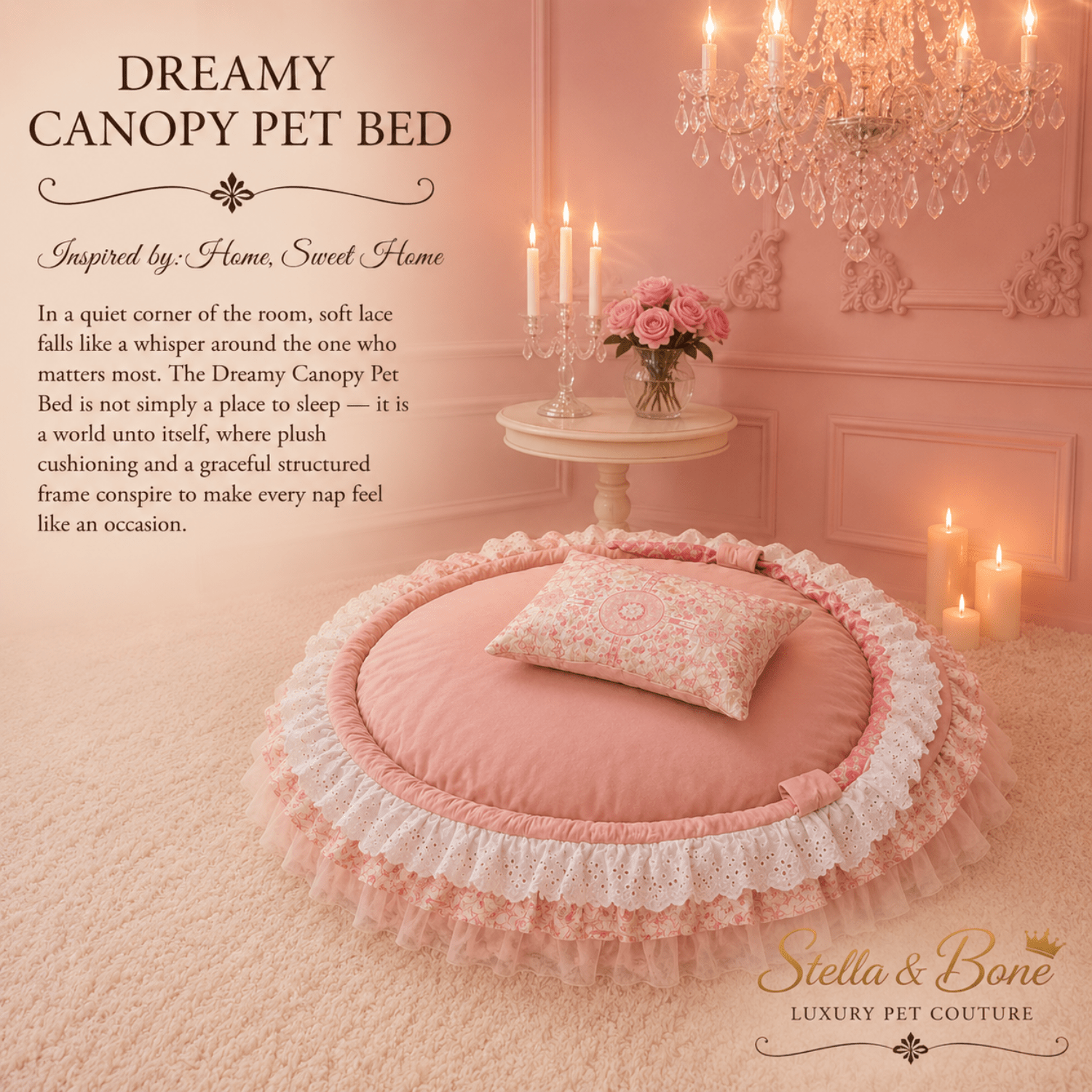 Dreamy Canopy Pet Bed Plush Lace Nest for Dogs and Cats — blush round mat with lace trim and pillow