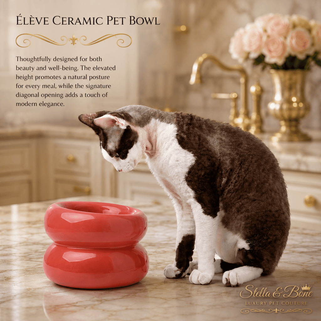 Tuxedo cat eating from Eleve coral elevated ceramic cat bowl on marble floor luxury cat feeder ergonomic posture