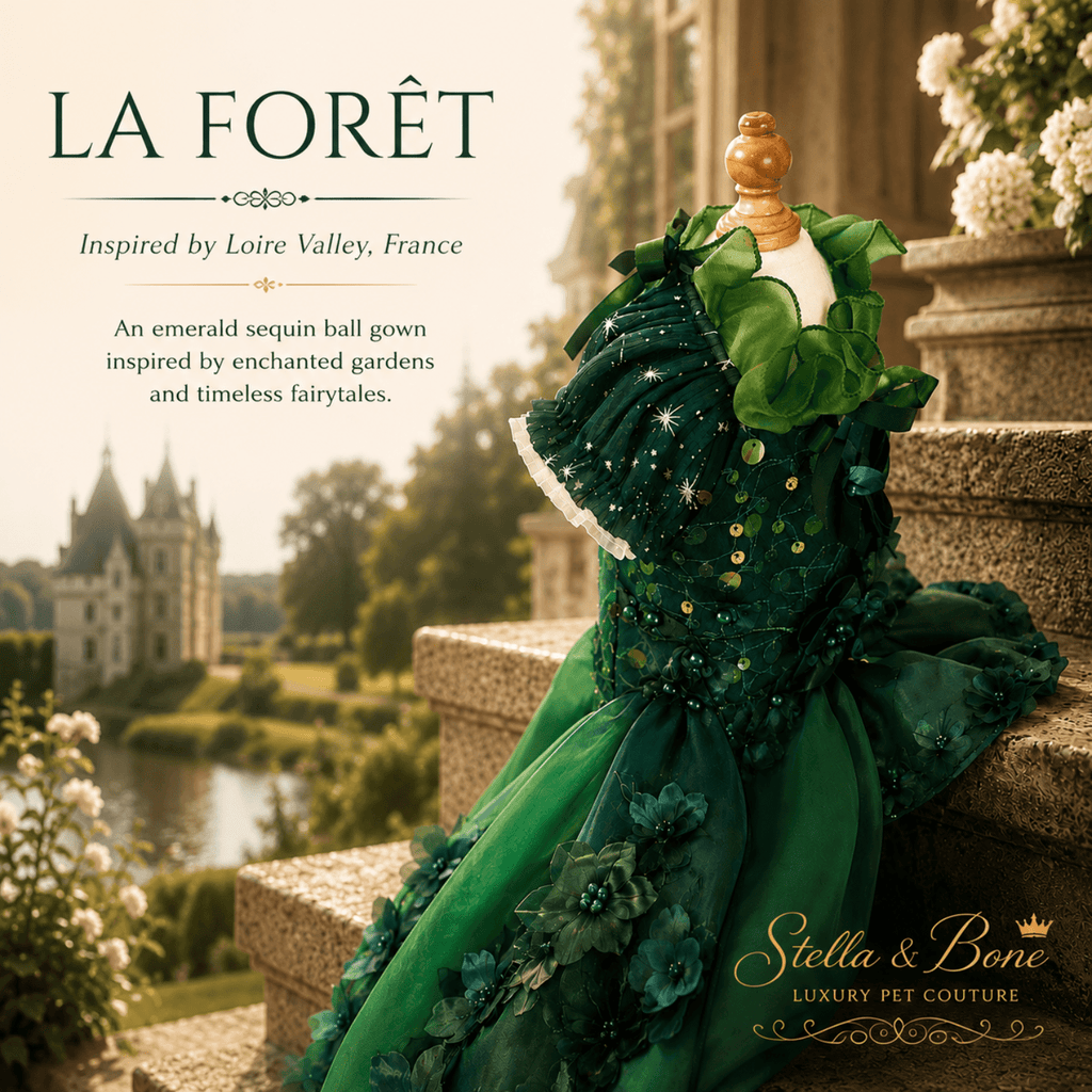 Back of La Foret, green sequined pet ball gown in Loire Valley, France. Perfect for formal events, wedding, photo shoots.