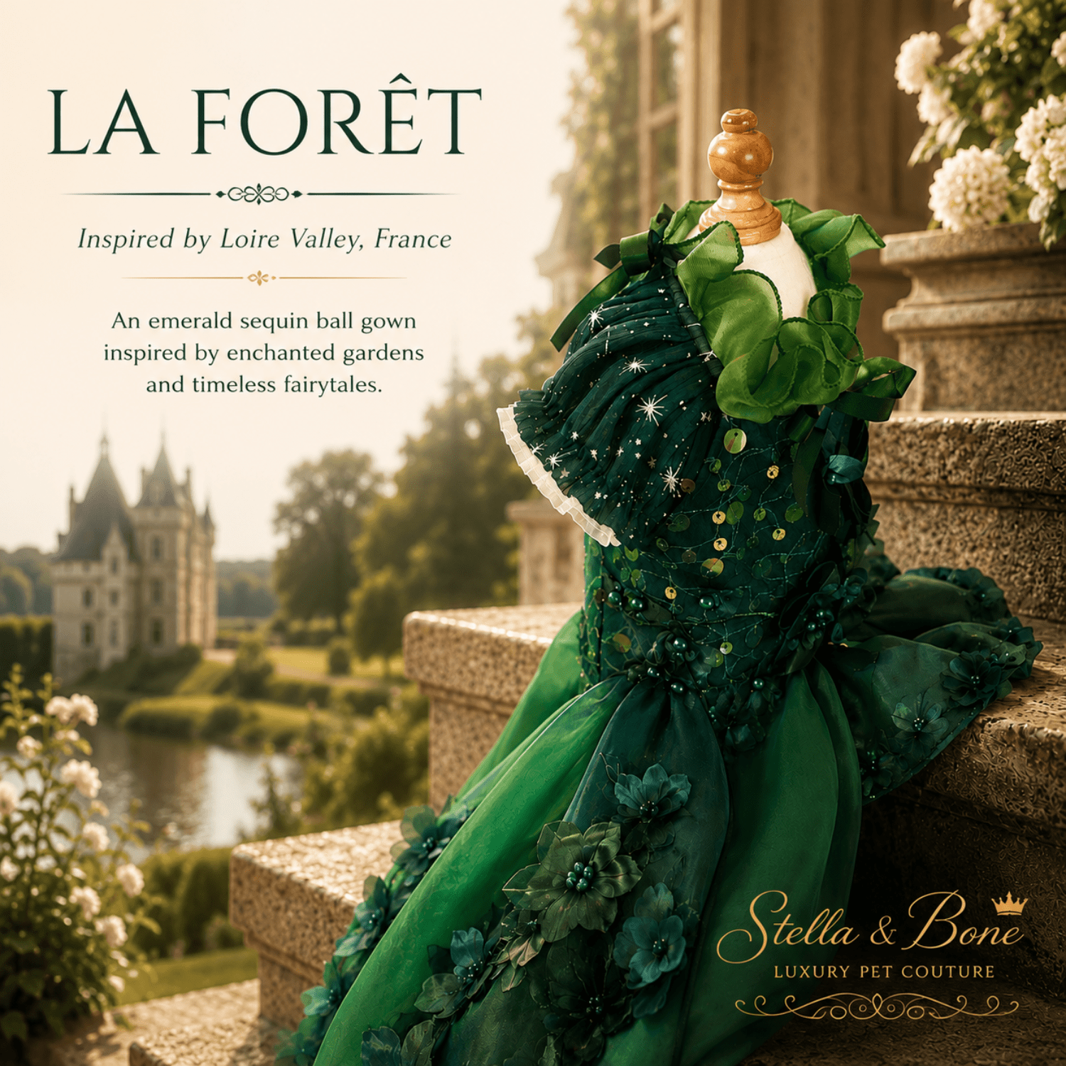 Back of La Foret, green sequined pet ball gown in Loire Valley, France. Perfect for formal events, wedding, photo shoots.