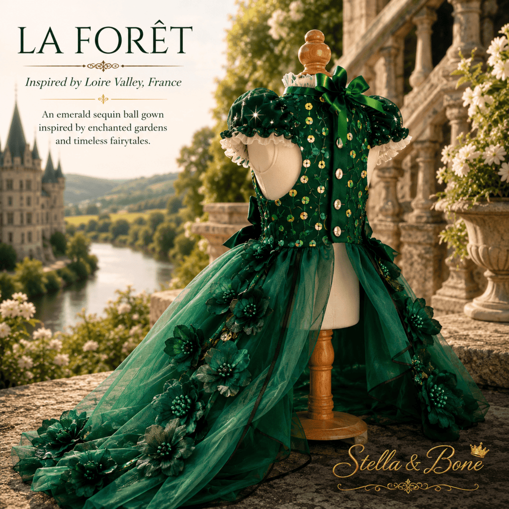 La Foret, green sequin pet ball gown in an outdoor garden setting with stone architecture and water in the background