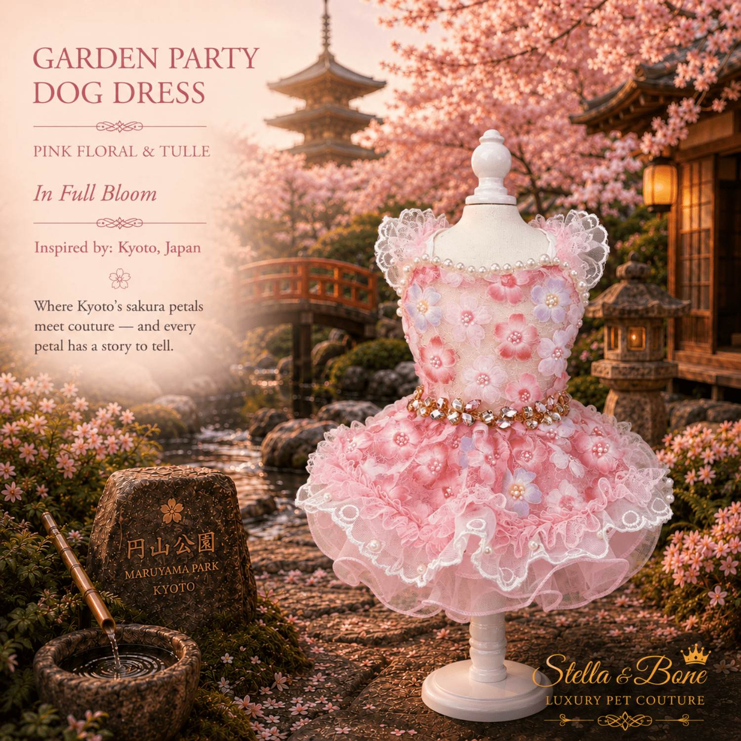 Garden Party Dog Dress Pink Floral and Tulle — pink 3D floral tulle dress on mannequin in Kyoto cherry blossom garden