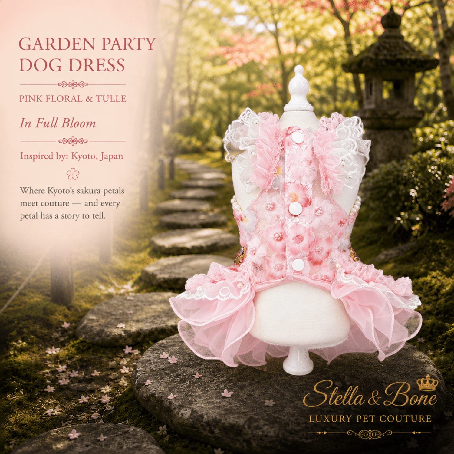 Garden Party Dog Dress Pink Floral and Tulle — back view of pink lace ruffle dress on stone path in Japanese garden