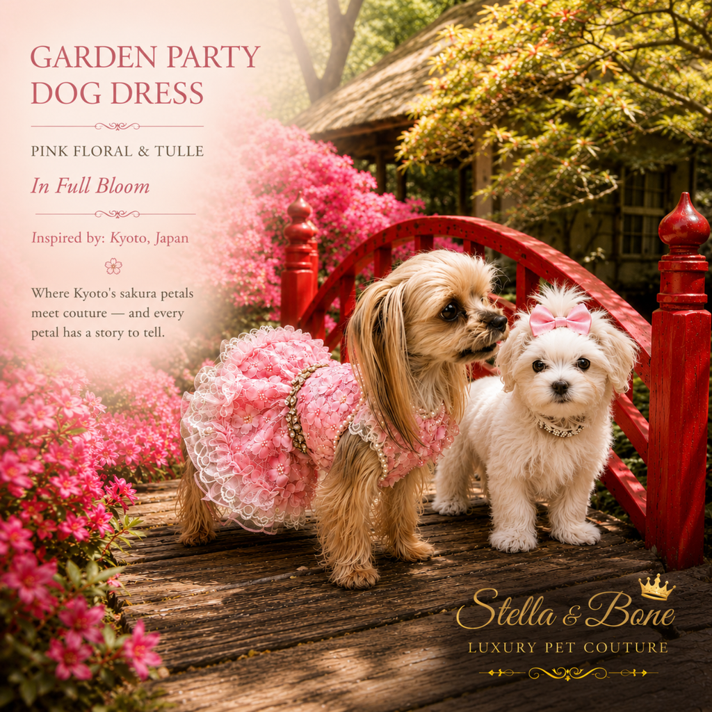 Garden Party Dog Dress Pink Floral and Tulle — two small dogs on red Japanese bridge, one in pink floral dog dress