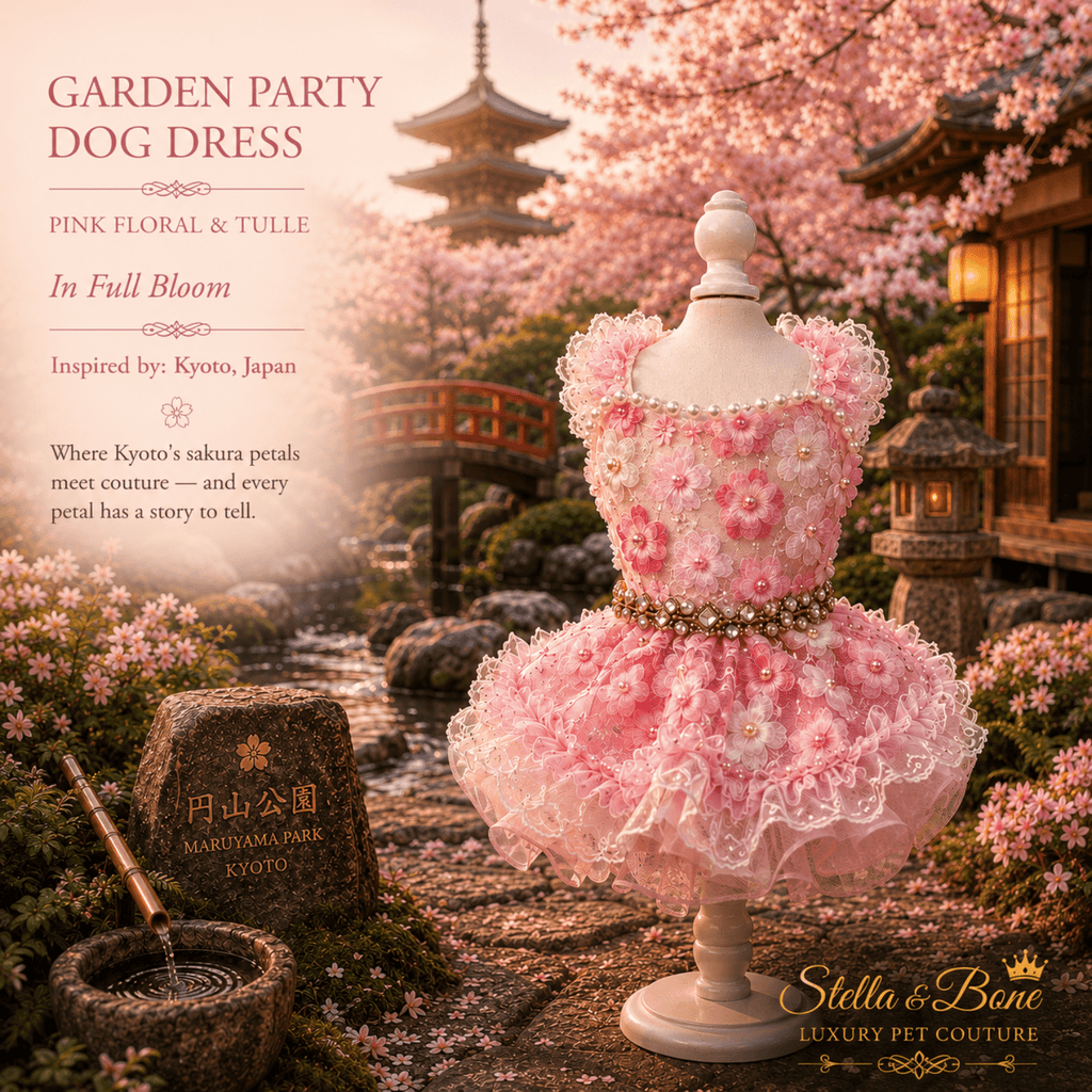 Garden Party Dog Dress Pink Floral and Tulle — pink 3D floral tulle dress on mannequin in Kyoto cherry blossom garden