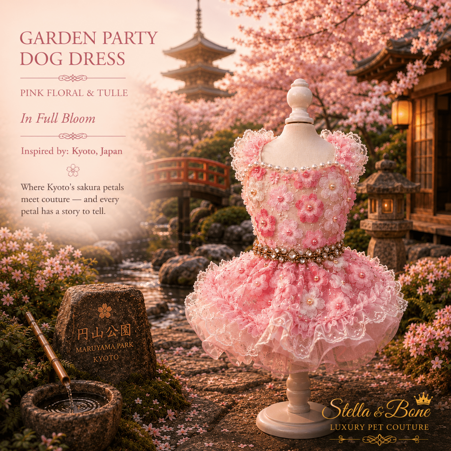 Garden Party Dog Dress Pink Floral and Tulle — pink 3D floral tulle dress on mannequin in Kyoto cherry blossom garden