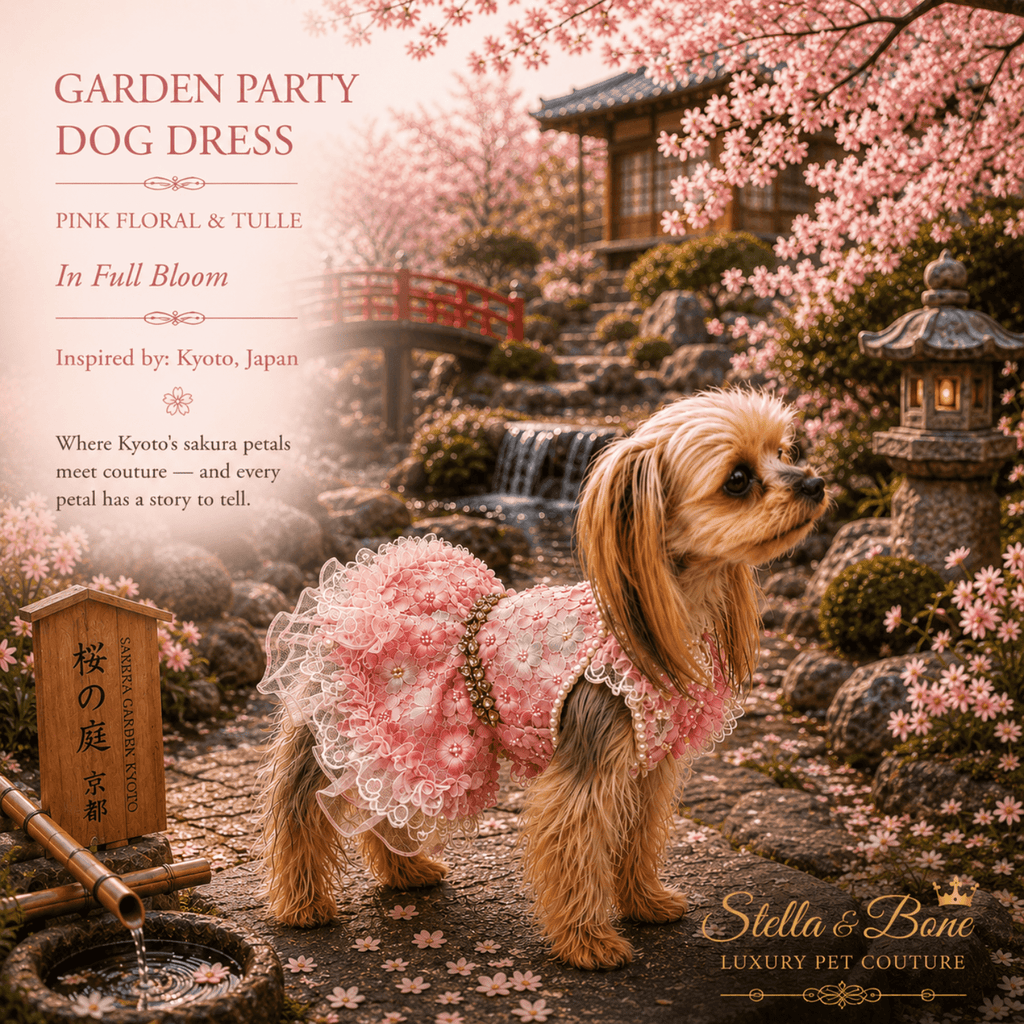 Garden Party Dog Dress Pink Floral and Tulle — Yorkshire Terrier in pink floral tulle dress in Kyoto sakura garden