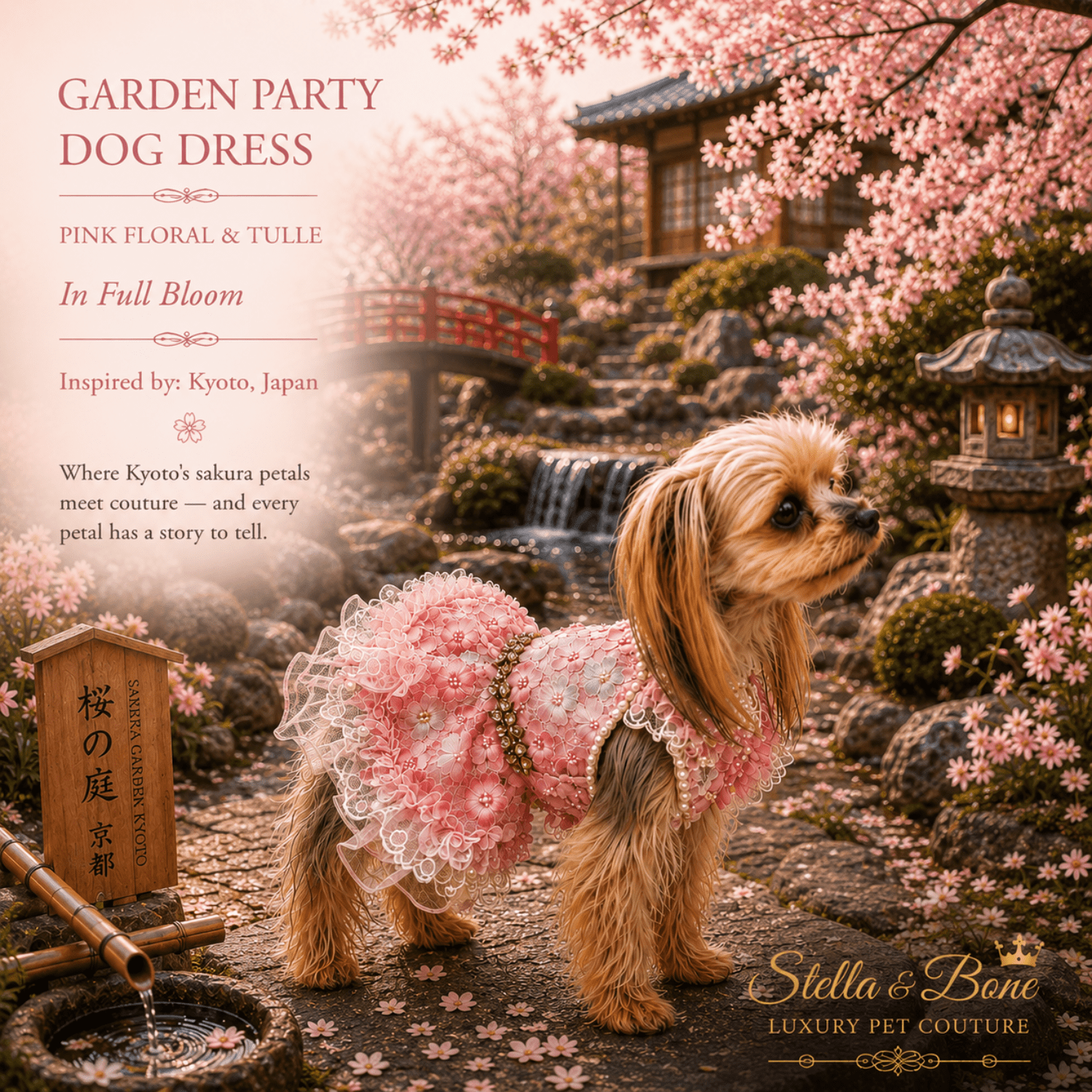 Garden Party Dog Dress Pink Floral and Tulle — Yorkshire Terrier in pink floral tulle dress in Kyoto sakura garden