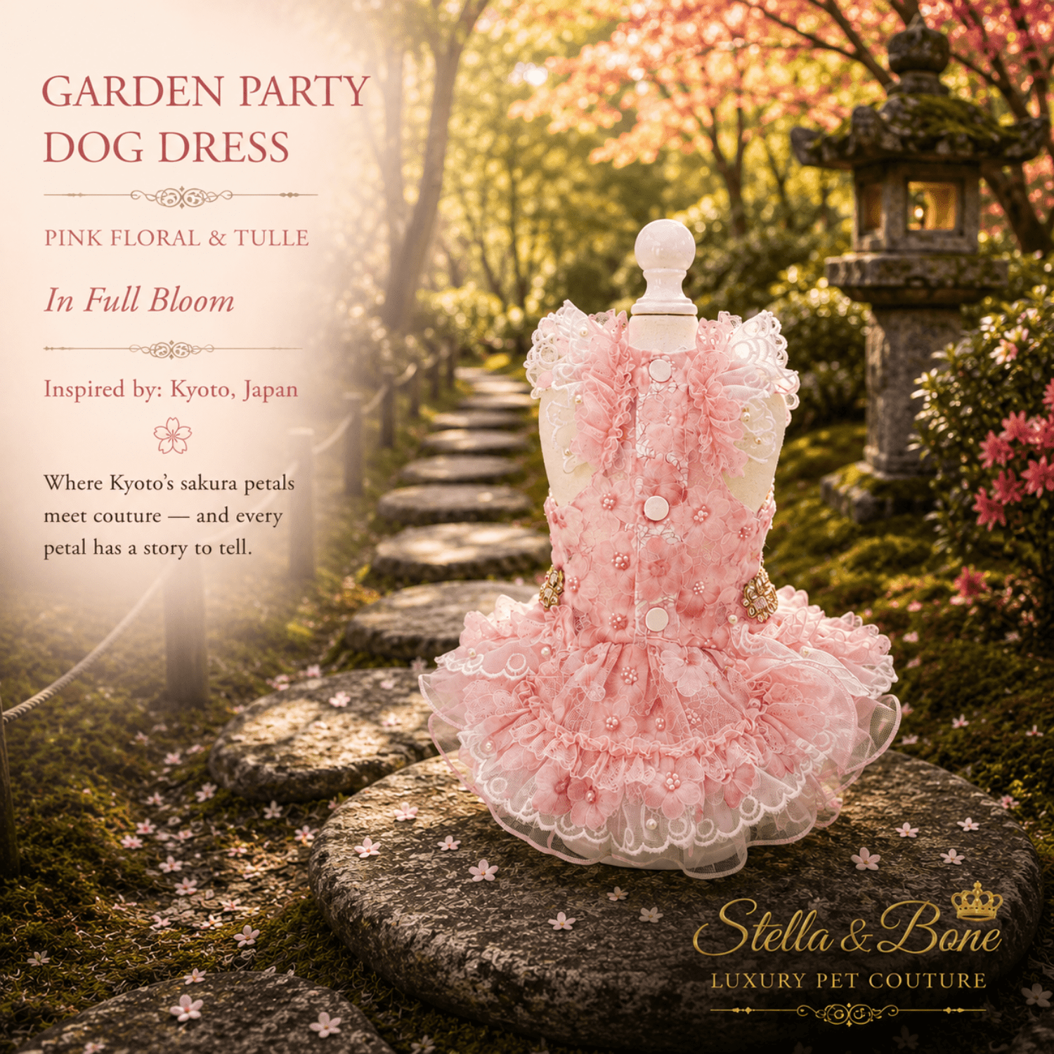 Garden Party Dog Dress Pink Floral and Tulle — back detail of pink pearl and lace dog dress on stone steps in Kyoto Japan