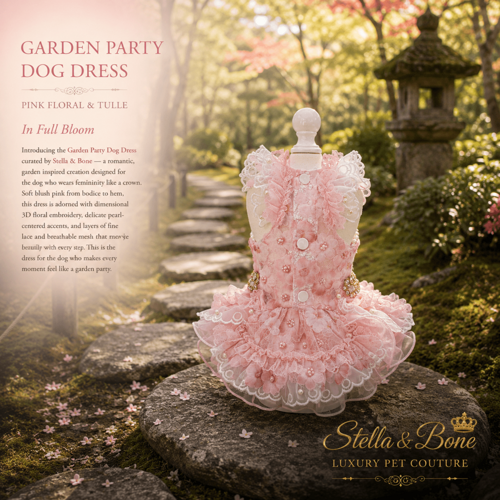 Garden Party Dog Dress Pink Floral and Tulle — back view of pink lace ruffle dress on stone path in Japanese garden