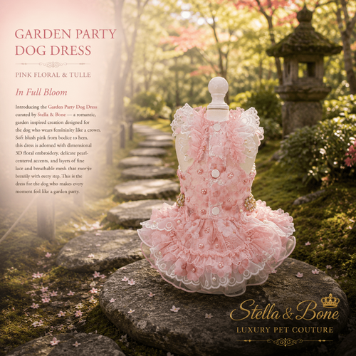 Garden Party Dog Dress Pink Floral and Tulle — back view of pink lace ruffle dress on stone path in Japanese garden