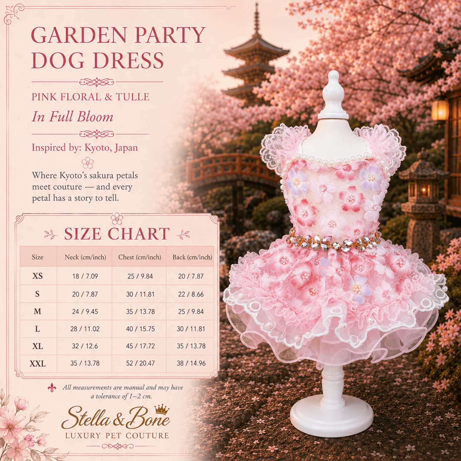 Garden Party Dog Dress Pink Floral and Tulle — size chart XS to XXL for pink floral tulle dog dress 
