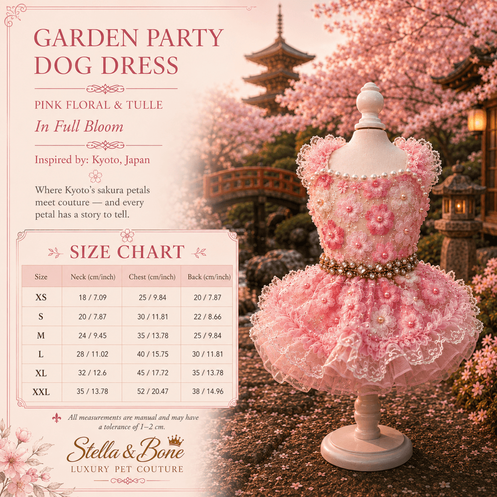 Garden Party Dog Dress Pink Floral and Tulle — size chart XS to XXL for pink floral tulle dog dress by Stella and Bone