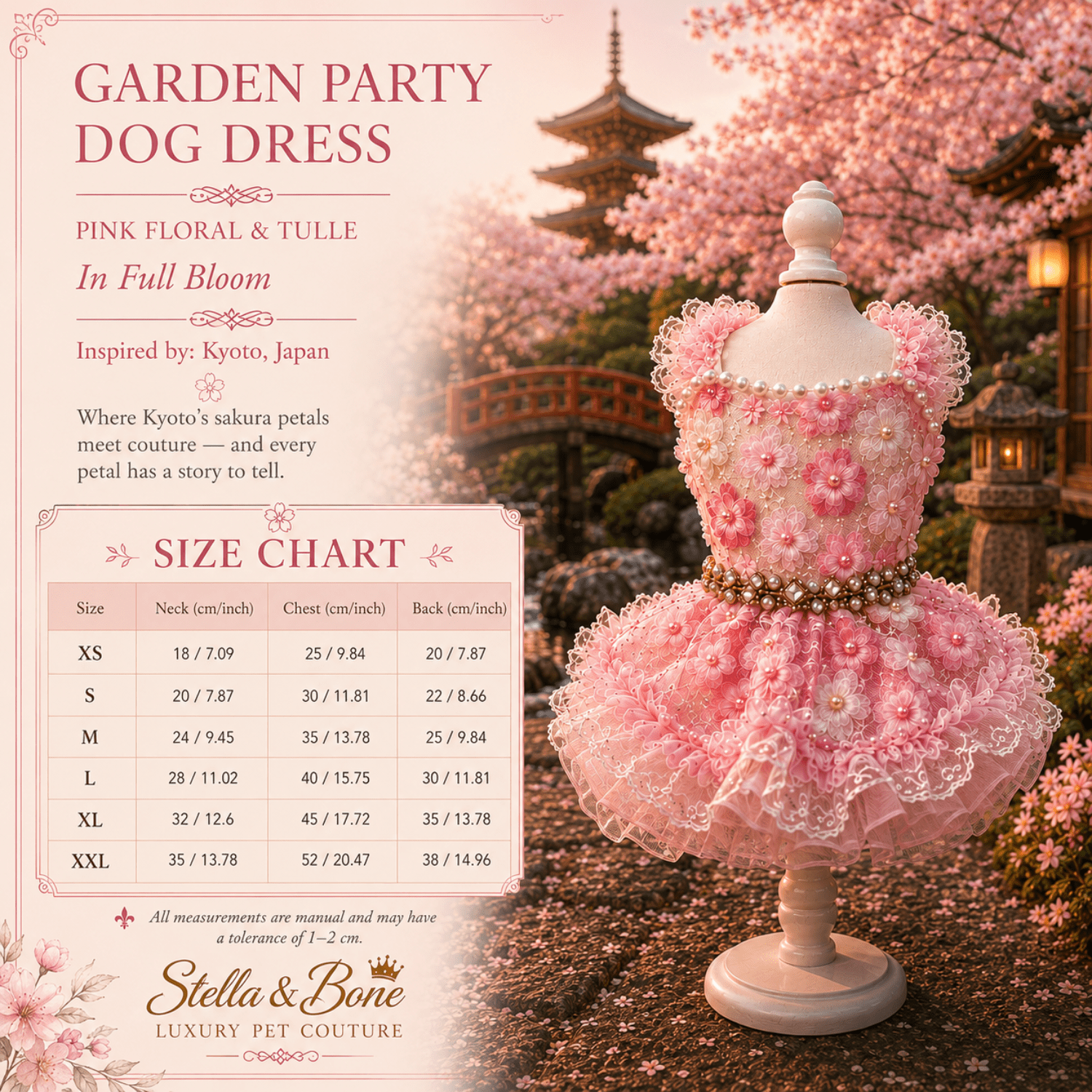 Garden Party Dog Dress Pink Floral and Tulle — size chart XS to XXL for pink floral tulle dog dress by Stella and Bone