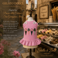 A pink sleeveless pet dress, Gelato Dolce,  in front of a gelato shop window. Three ice cream cones on the front. Birthday