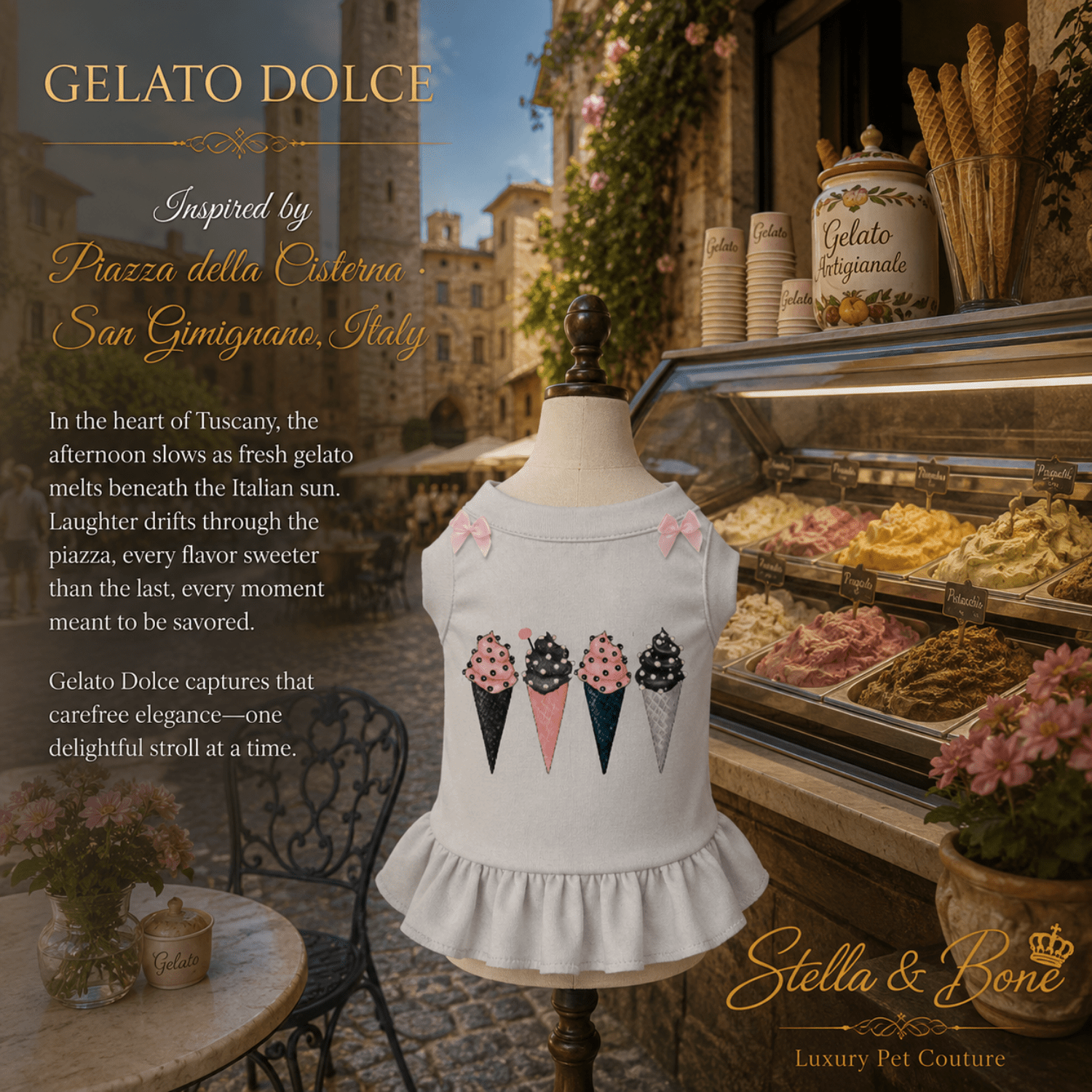White pet dress, Gelato Dolce, featuring a ruffled hem and a graphic of four ice cream cones on the front. Italy.
