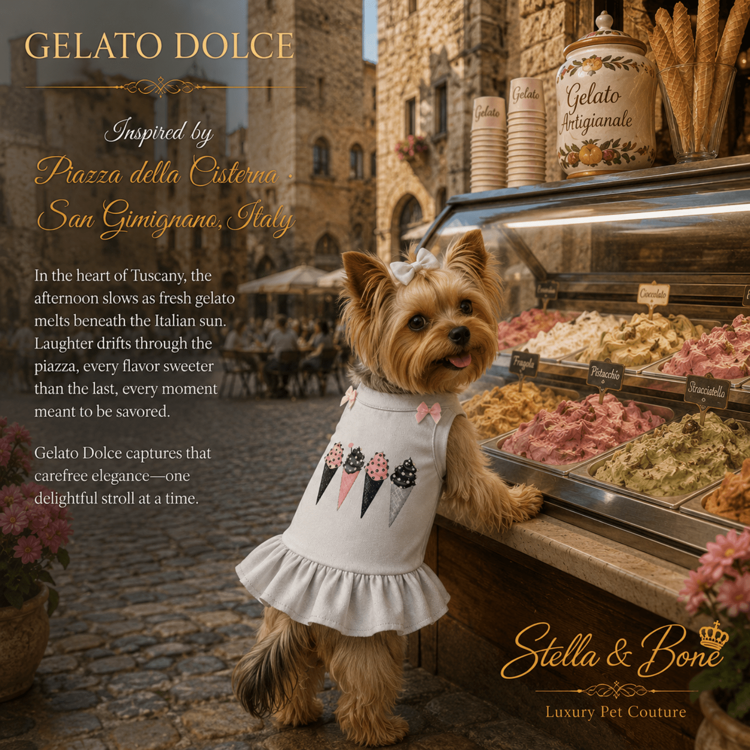 Dog wearing Gelato Dolce, a white ruffled dress with ice cream cone prints stands in front of a gelato shop counter in Italy