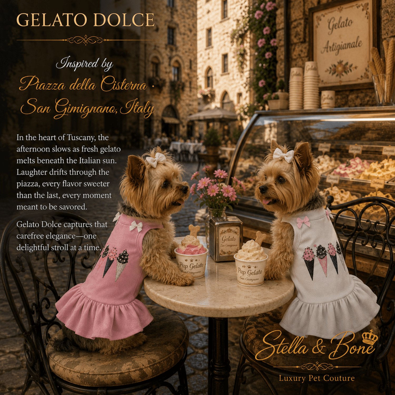 Two dogs dressed in pink and white pet dresses, Gelato Dolce with gelato cups, set against an Italian piazza background.