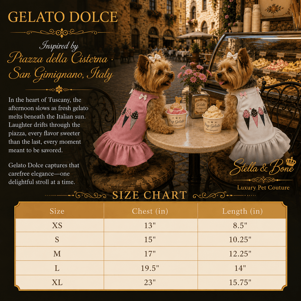 Size chart for Stella & Bone Gelato Dolce pet dresses, featuring two small dogs in pink and white dresses at a cafe table