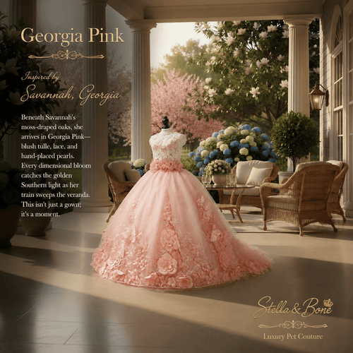 Georgia Pink Couture Bridal Gown Dogs and Cats — blush tulle pet bridal gown on mannequin, Southern veranda with magnolias