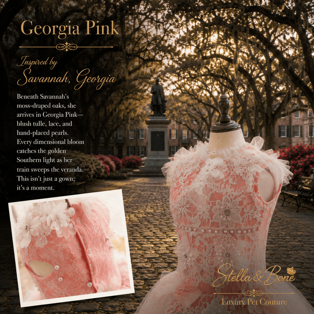 Georgia Pink Couture Bridal Gown Dogs and Cats — back view of blush 3D floral  gown on mannequin in Forsyth Park Savannah