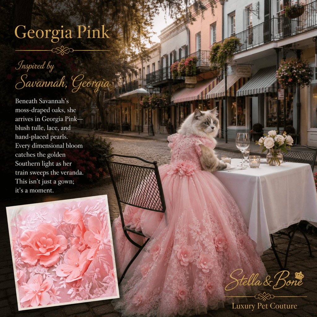 Georgia Pink Couture Bridal Gown Dogs and Cats — Ragdoll cat in blush bridal gown for weddings at Savannah Georgia cafe