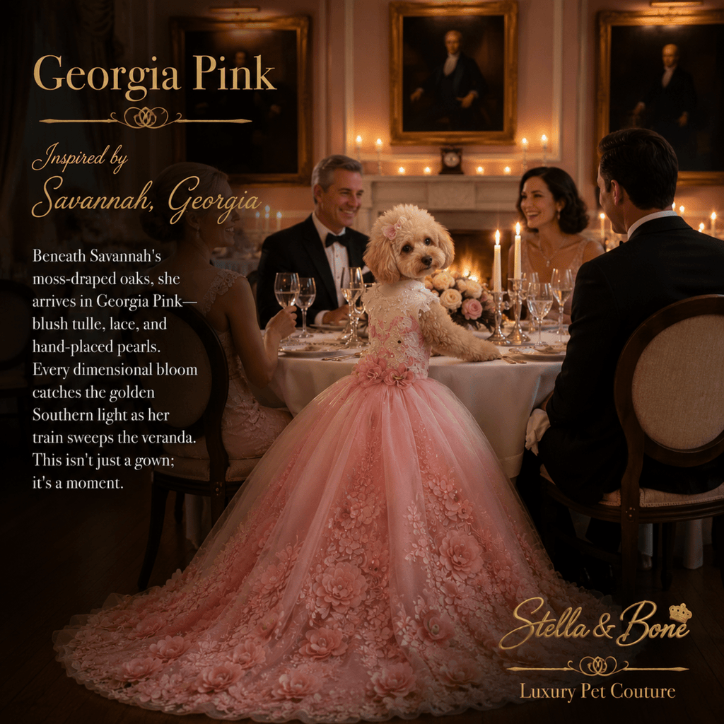 Georgia Pink Couture Bridal Gown Dogs and Cats — Poodle in blush dog bridal gown at candlelit wedding dinner in Savannah