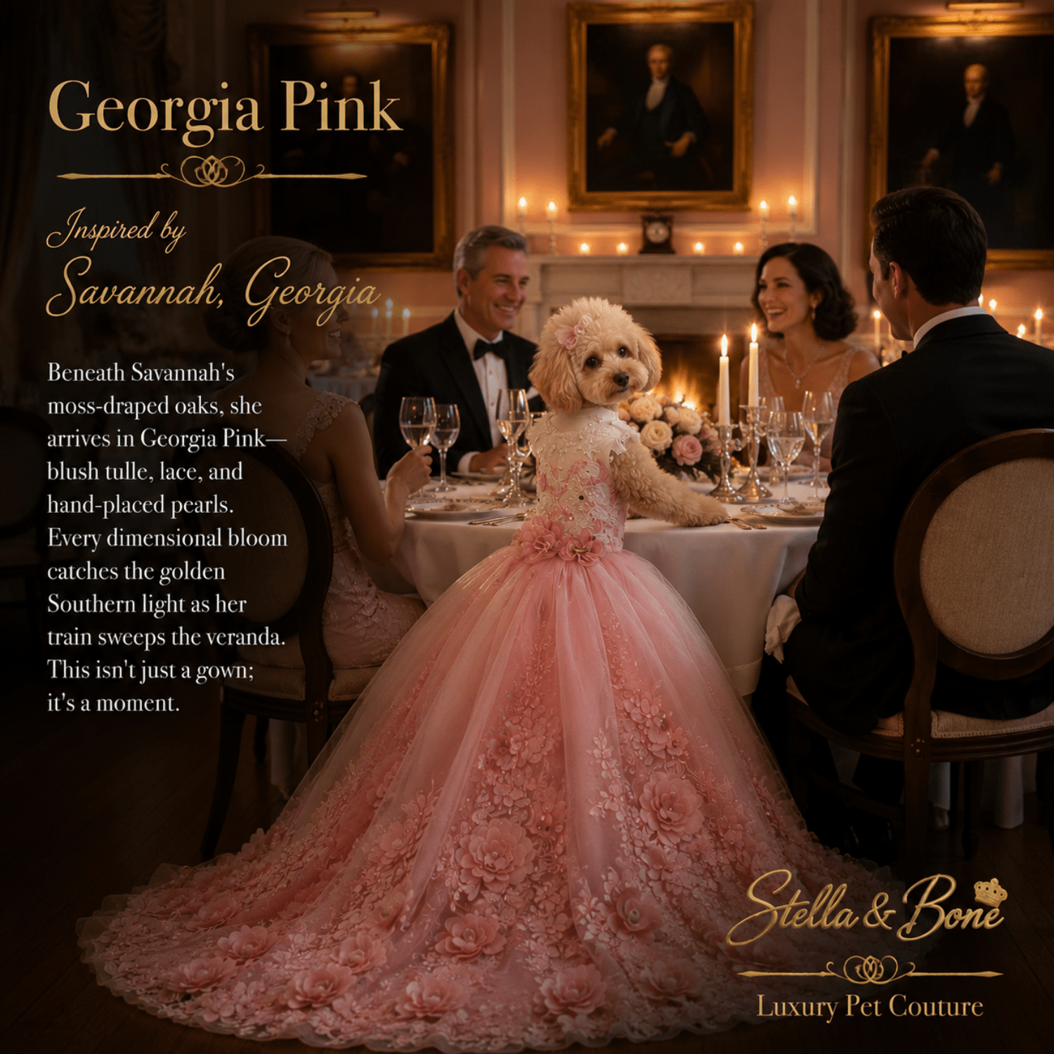 Georgia Pink Couture Bridal Gown Dogs and Cats — Poodle in blush dog bridal gown at candlelit wedding dinner in Savannah