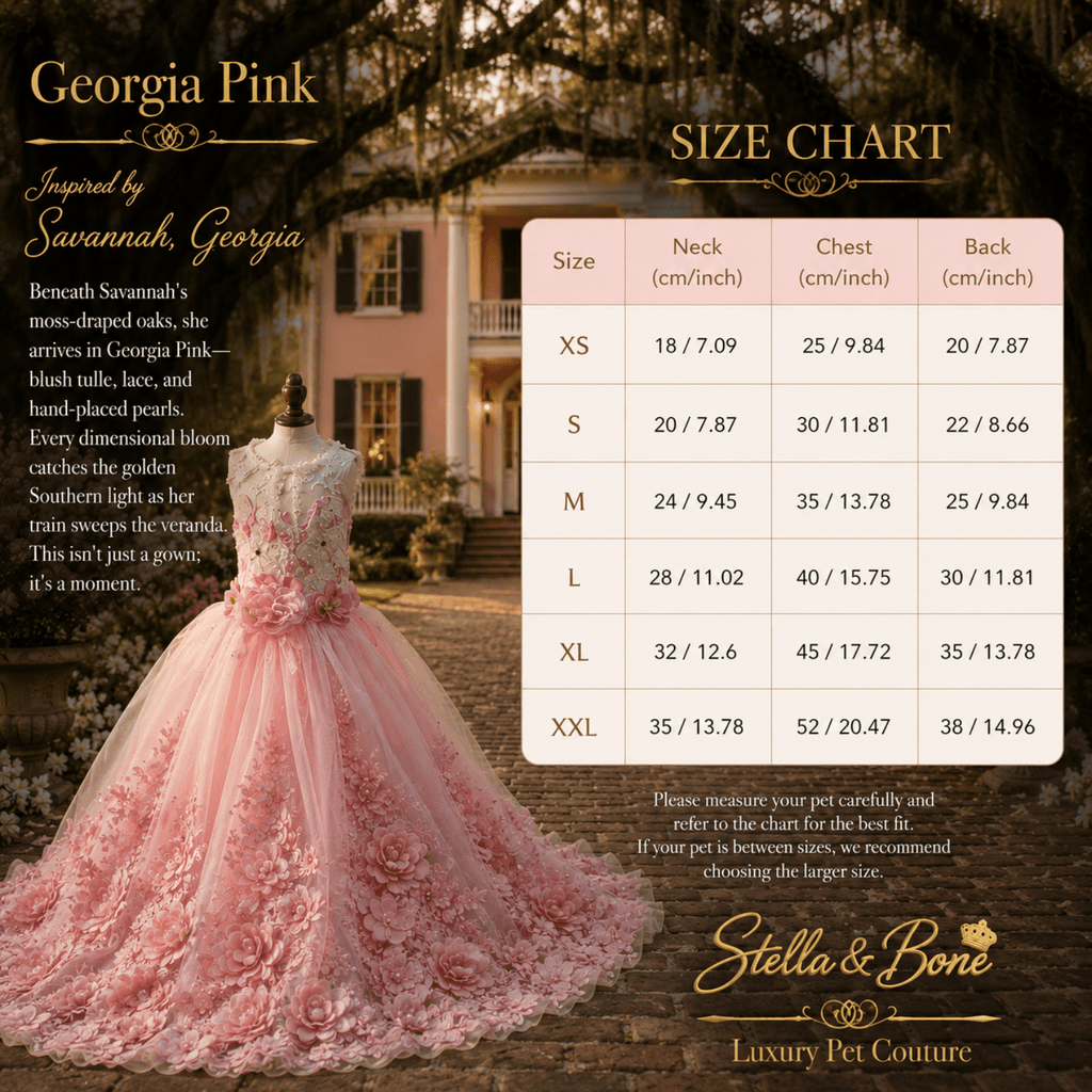 Georgia Pink Couture Bridal Gown Dogs and Cats — size chart XS to XXL for blush 3D floral bridal gown by Stella and Bone
