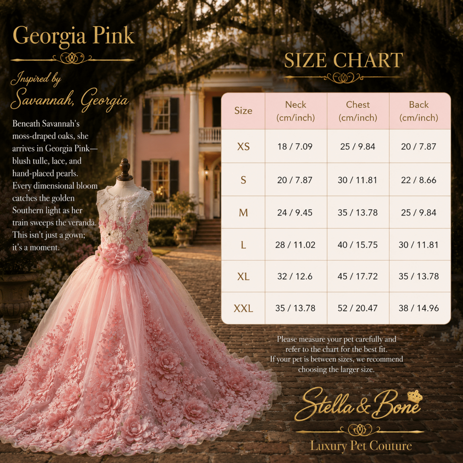 Georgia Pink Couture Bridal Gown Dogs and Cats — size chart XS to XXL for blush 3D floral bridal gown by Stella and Bone