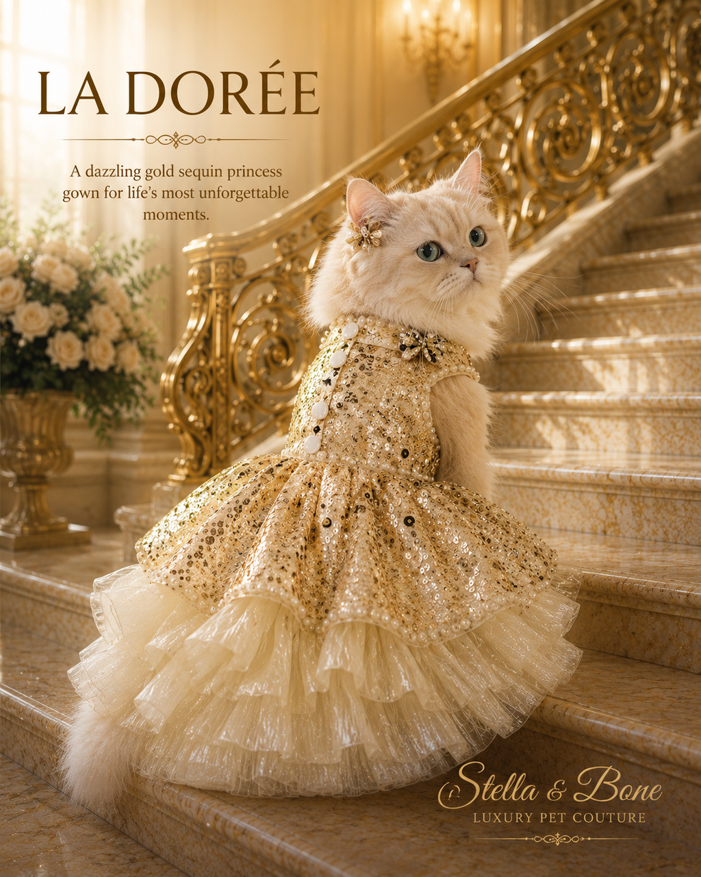 La Dorée | Gold Sequin Princess Gown | Dogs & Cats | Stella & Bone
