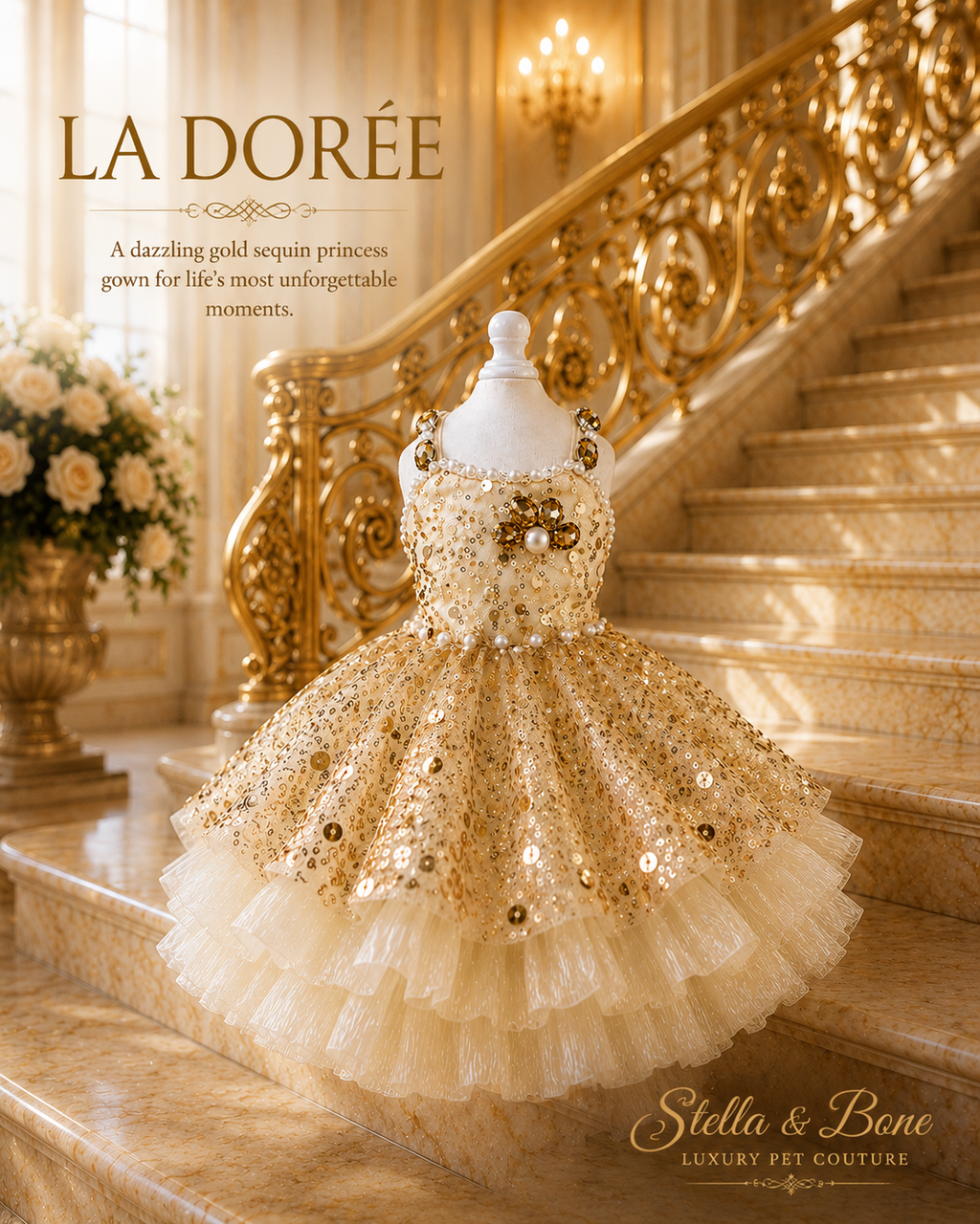 La Dorée | Gold Sequin Princess Gown | Dogs & Cats | Stella & Bone