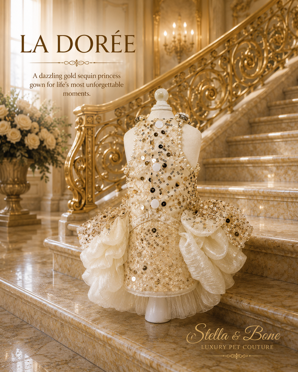La Dorée | Gold Sequin Princess Gown | Dogs & Cats | Stella & Bone