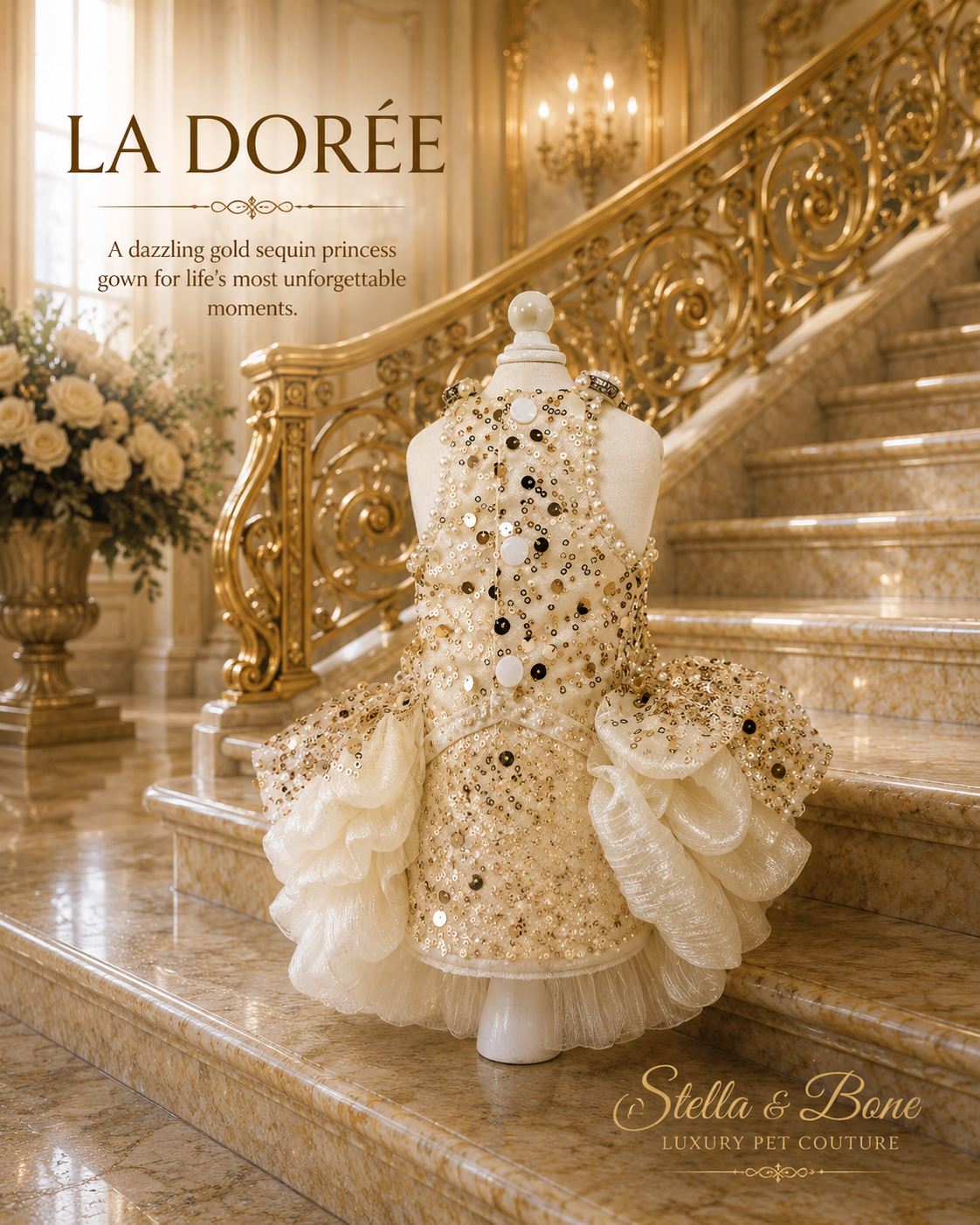 La Dorée | Gold Sequin Princess Gown | Dogs & Cats | Stella & Bone