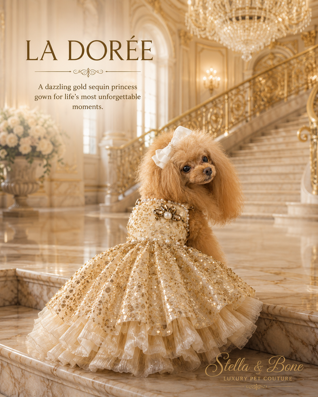 La Dorée | Gold Sequin Princess Gown | Dogs & Cats | Stella & Bone