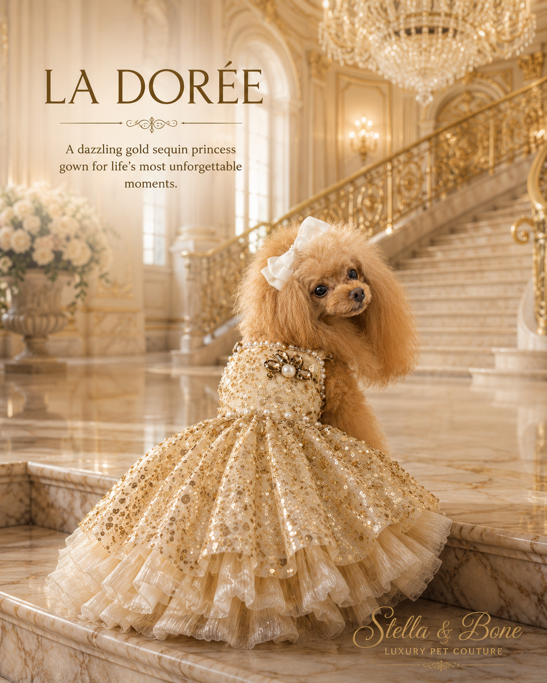 La Dorée | Gold Sequin Princess Gown | Dogs & Cats | Stella & Bone